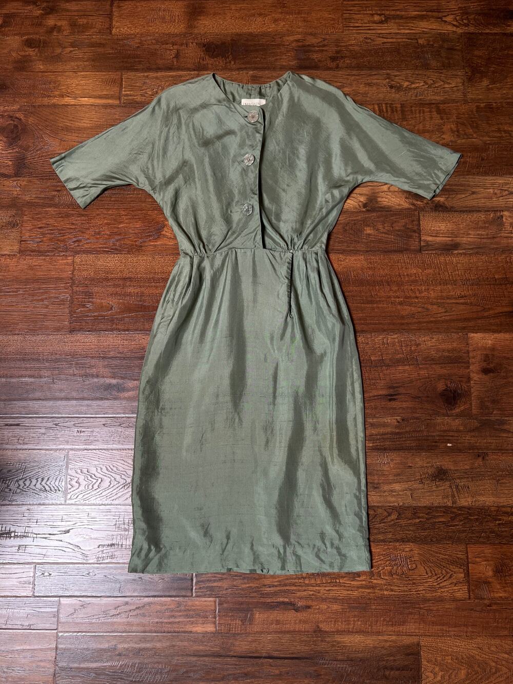 Vintage 1960s I. Magnin Sheath Dress - Moss Green Dolman Sleeve - Medium